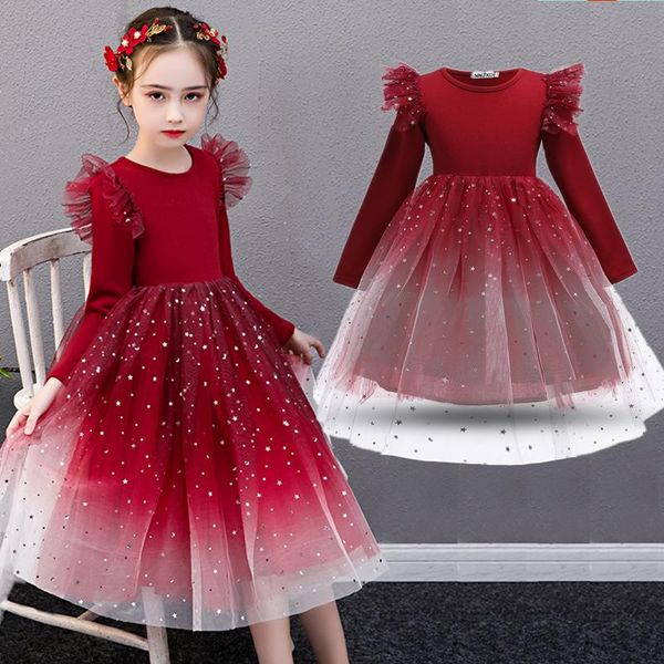 

girl's dresses red girls christmas long sleeve tulle mesh tutu dress for kids princess wedding party costume children winter clothes, Red;yellow