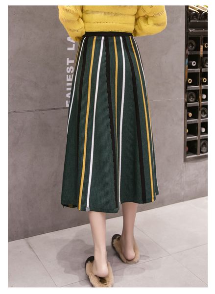 

winter chic knitted skirts women high waist striped midi autumn vintage sweater tutu skirt, Black