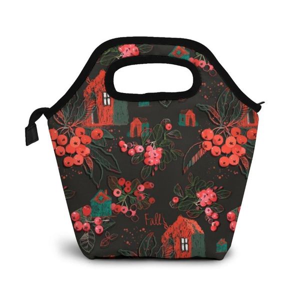 

autumn berry-house pattern lunch bag lunch/ice bags portable insulated picnic box for women men organizer, Blue;pink
