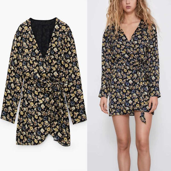 

za vintage floral print wrap mini dress women long sleeve crossover front with tie interior zipper pleated party dresses 210602, Black;gray