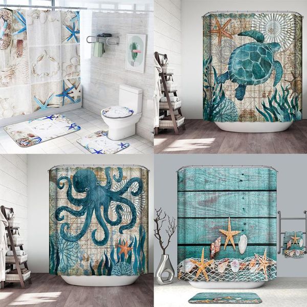 

bath mats 4pcs/set summer conch starfish mat shower curtain toilet cover pedestal bathroom floor accessories