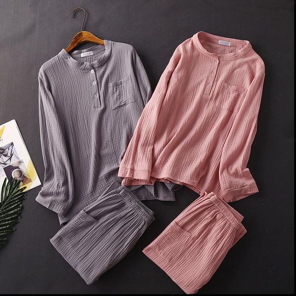 

cotton water washed texture women sleepwear crepe gauze long sleeved trousers pajamas household suit plus size maternity set clothes, Black;red