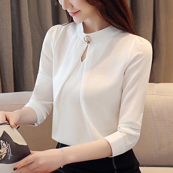

women's blouses & shirts fashion 2021 women chiffon long sleeve blouse office lady shirt solid color ladies blusas a071, White