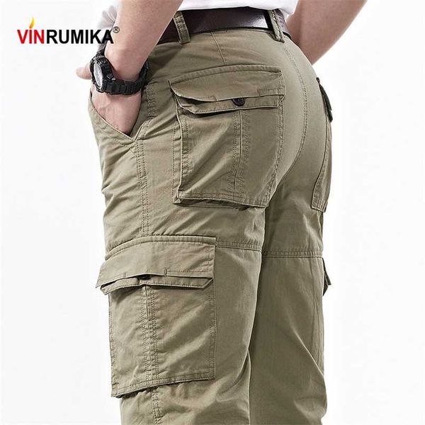 

men's summer 100% cotton multi-pocket overalls pants man spring autumn army green casual cargo pant black blue long trouser 211119