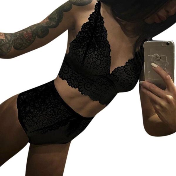 

bras sets missky 2pcs/set women black white solid color underwear panties lingerie lace bra and briefs, Red;black