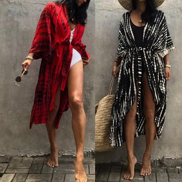 

women's swimwear women 3/4 sleeve long kimono cardigan irregular tie-dye striped open front blouse shirt belted beach swimsuit cover up, White;black