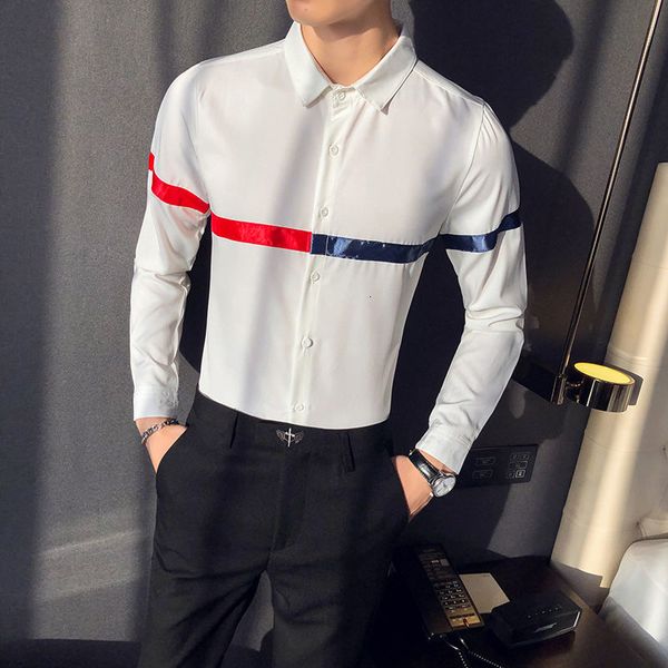 

men's casual shirts british men's shirt, striped fashion contrast seam, nightclub, bar, 2021, White;black