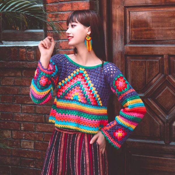 

vintage style heavy-duty hook hand-made pullover head long sleeve short round neck sweater ethnic knit women's sweaters, White;black