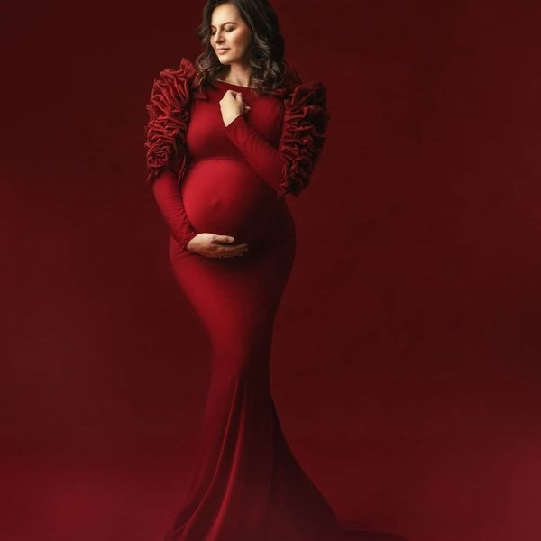 Red Sirena Dress Prom Dresses Incinto Donne Ruffles Manica Lunga Pessini per la maternità per foto Shoot Abiti da sera eleganti