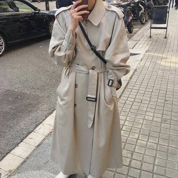 

women's trench coats zcsmll 2021 summer and autumn products loose casual all-match lace-up waist thin mid-length windbreaker jacket, Tan;black