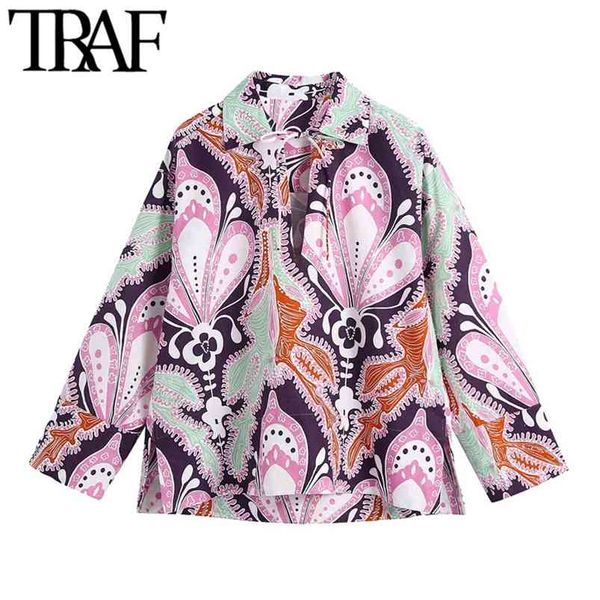 

women fashion with ties paisley print loose blouses vintage long sleeve side vents female shirts blusas chic 210507, White