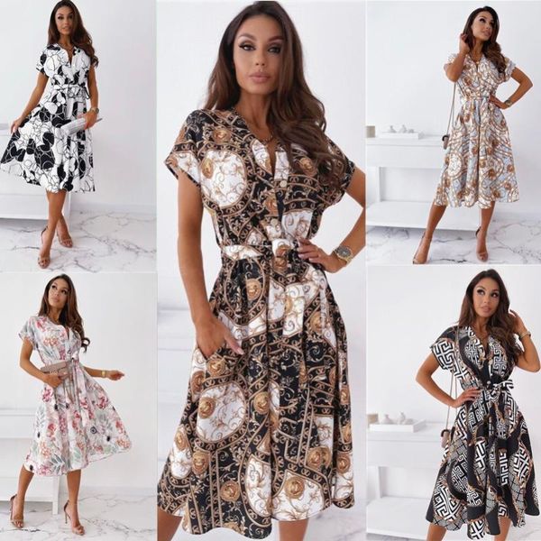 

casual dresses 2021 women's summer style v-neck short-sleeved temperament shirt dress, Black;gray