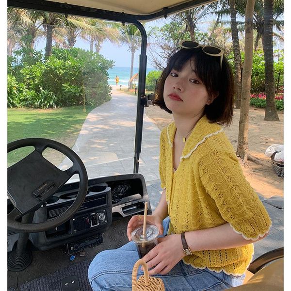 

women's t-shirt micro fat large size thin hollow knit short-sleeved female mm spring and summer slim v-neck top, White