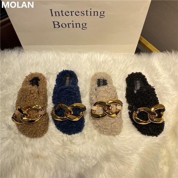 

brand designer 2021 winter korean fashion golden chain flat slippers socofy shoes slip on loafers mules flip flops casual, Black