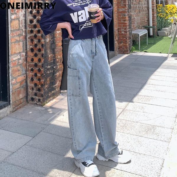 

women's jeans oneimirry 2021 autumn boyfriend women wide leg korean cargo denim pants blue high waist female harajuku
