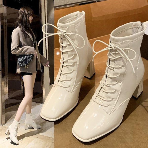 

boots women's ankle fashion winter 2021 high heel shoes ladies square toe leather keep warm booties woman casual, Black