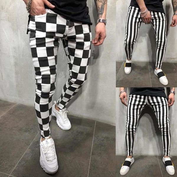 

men's pants fashion slim trousers comfortable striped plaid black white casual