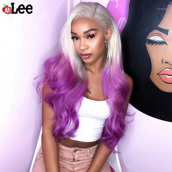

colorful wigs ombre grey purple transparent 13x4 lace frontal pre plucked colored peruvian body wave human hair hairstyle1, Black;brown