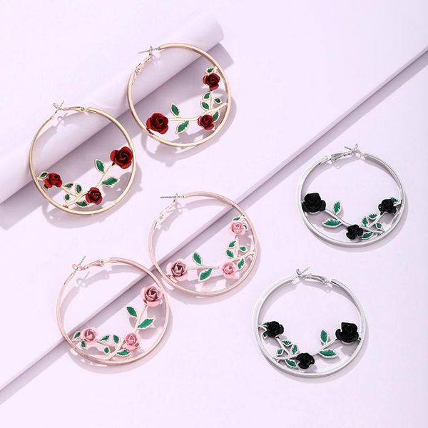 

hoop & huggie 2021 vintage flower circle round earrings for women's fashion statement charm party jewelry, Golden;silver