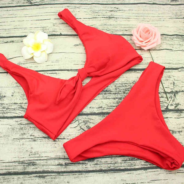 

preetee bikini knotted padded red color bikini set women swimwear scoop neck solid high cut bathing suit brazilian, White;black