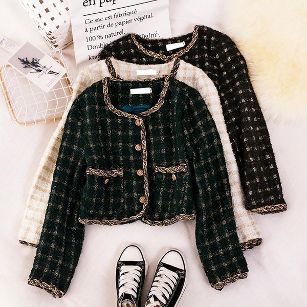 

women's jackets little fragrance style all-match temperament crop retro o neck long sleeve plaid tweed jacket women autumn fashion slim, Black;brown