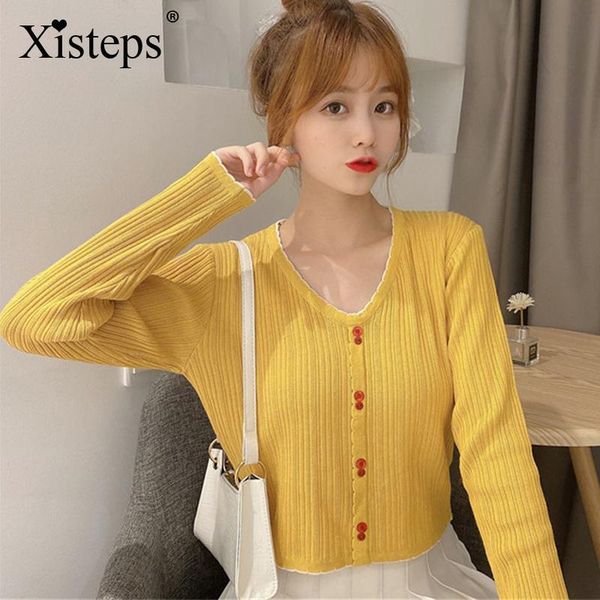 

xisteps knitted short women sweater pullover stripe long sleeve autumn 2021 female slim jump korea ladies v neck casual women's sweater, White;black