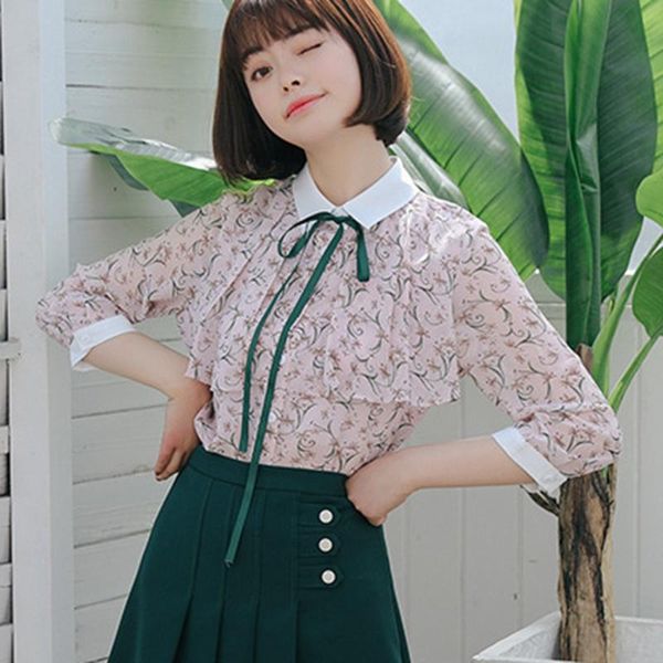 

summer flower print slim blouse women bow tie shirt fashion casual blouses female women's & shirts, White
