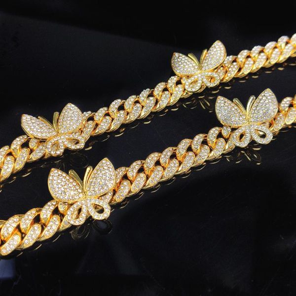 

hip hop iced out paved rhinestones 12mm gold full miami curb cuban chain with butterfly bling rapper necklaces for men jewelry chains, Silver