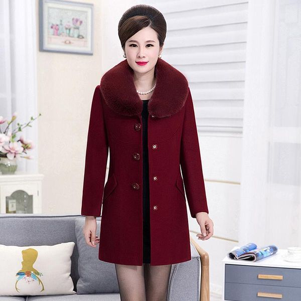 

women's wool & blends 2021 winter middle-aged women mother woolen coat female temperament faux fur collar warm thick mid-length overcoa, Black