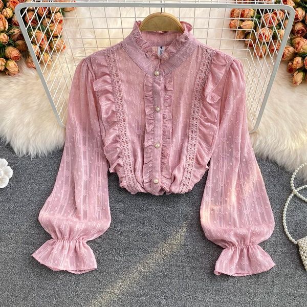 

women's blouses & shirts vintage women pink/white chiffon blouse autumn elegant ruffle v-neck flare long sleeve sweet loose shirt femal