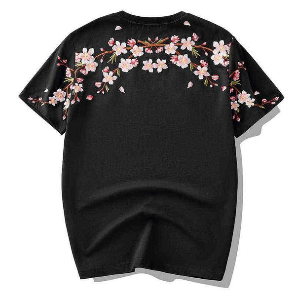 

spring and summer new china fashion brand loose plum blossom embroidery short sleeve t-shirt men's couple summer half sleeve g1217, White;black