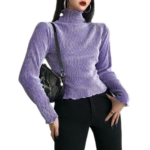 

women's t-shirt k long sleeve velvet aesthetic purple turtleneck skinny female shirt autumn fashion streetwear, White