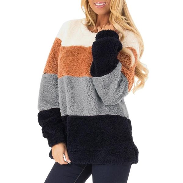 

interval colors fuzzy winter hoodies color block pullover fleece sweatshirts female womens casual long sleeve sweatshirt women's &, Black