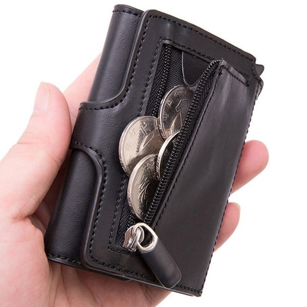 

card holders maideduod -up rfid black wallet id case men button holder metal aluminum auto coin purse, Brown;gray