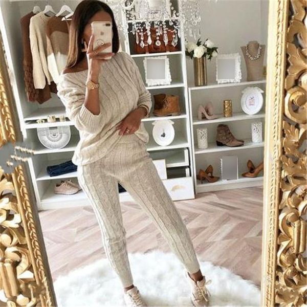 

women's two piece pants kayotuas women tracksuit autumn solid 2pcs set casual knitted sportswear warm sweater+pants outfits sleepwear s, White