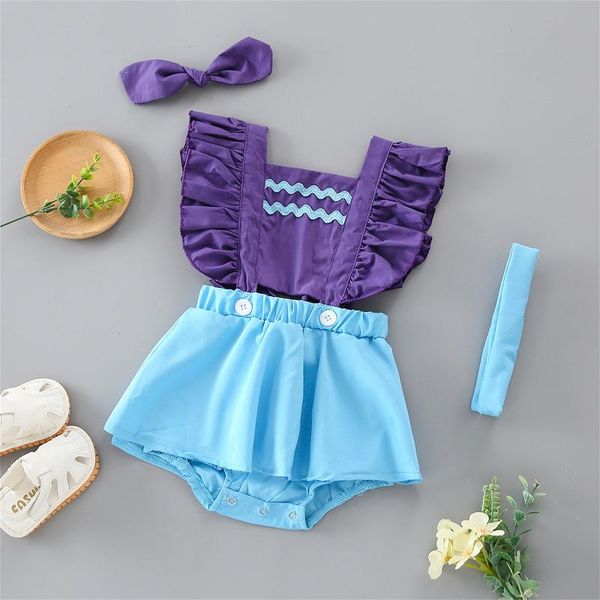 

rompers 0-18m cute born baby girl jumpsuits ruffles sleeve lace solid color romper headband 2pcs outfits clothes 2021, Blue