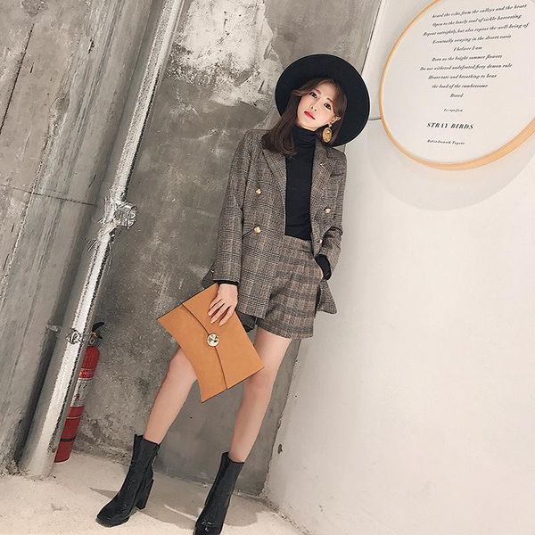 

women's suit pants set vintage plaid blazer jacket and casual shorts two-piece office lady overalls suits two piece, White
