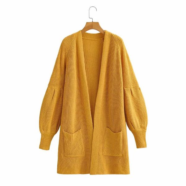 

women's knits & tees pxall women solid color thick woolen yarn pocket decoration lantern sleeve sweater cardigan casual all-match trend, White
