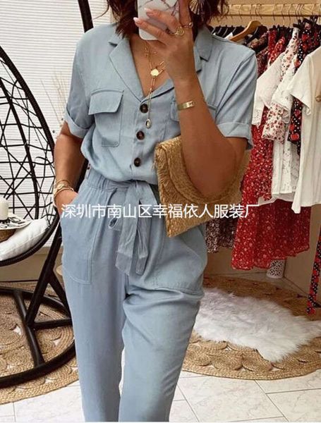 

dresses summer fashion casual single breasted pocket lace up short sleeve one piece pants (), Black;gray