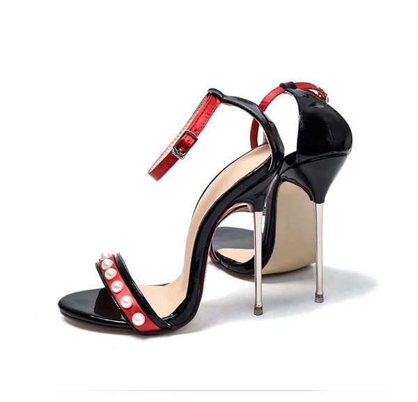 

ankle strap pointed toe sandal metal thin heels high-heeled shoes sandals 12cm beaded pumps, Black