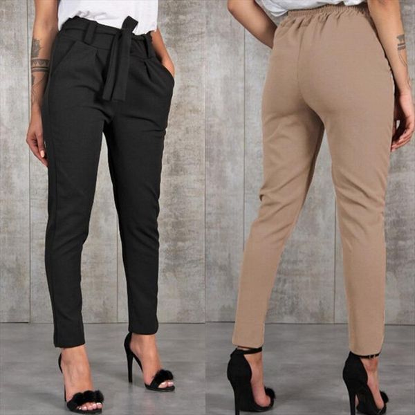 

stylish pockets fashion basic womenpant bandage knitted high waist slim streetwear capris female chiffon casual pants, White