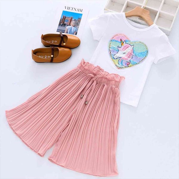 

summer fashion unicorn sequins toddler girls clothes sets baby kids track suit for clothing, White