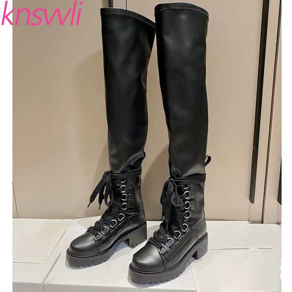 

boots black thigh high women autumn stretch long round toe lace up flat motorcycle female designer brand woman