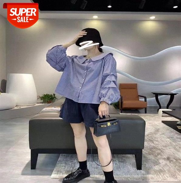 

li zhiqi age-reducing play pole sleeve bubble pleated shirt female doll collar korean striped long-sleeved 110599 #qr0g, Black;gray