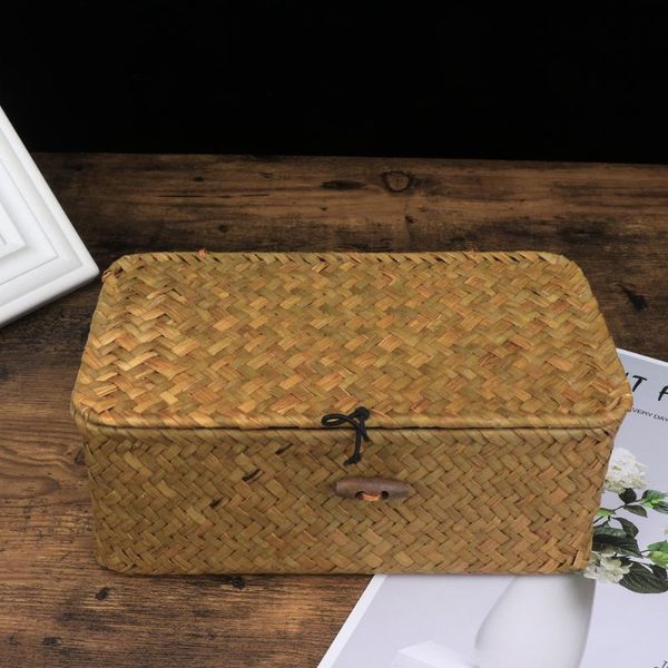 

storage baskets straw basket with lid rattan woven deskclothes sundries box for bedroom home decor )