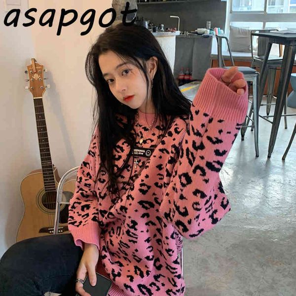 

vintage thick knitted pink leopard pullovers sweater women long winter loose chic fashion o neck knitwear pull casual 210429, White;black