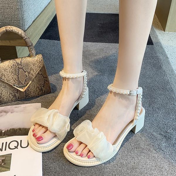 

sandals middle heel sandal lady summer 2021 fairy evening wind thick lace pearl college student temperament, Black