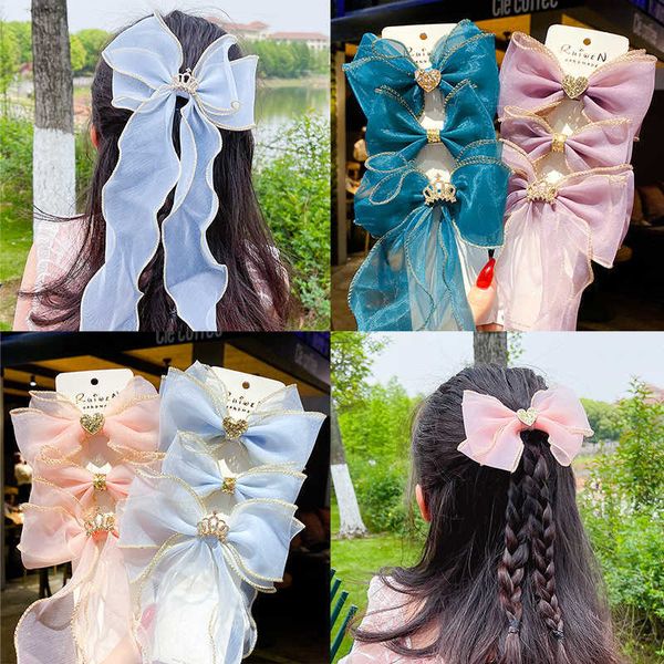 

new children's bow hairstyle girl's headdress little girl princess crown hairpin baby ribbon hairpin, Slivery;white