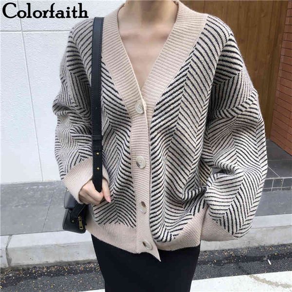 

colorfaith 2021 womens knitwear winter spring striped v-neck cardigans buttons oversize korean style lady sweaters swc3033, White;black