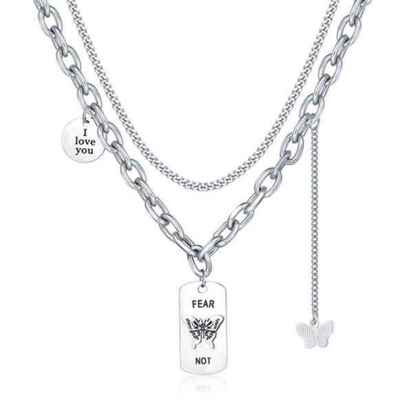 

pendant necklaces 316l stainless steel corroded letter square brand double chain butterfly necklace alternative hip hop jewelry no fade, Silver